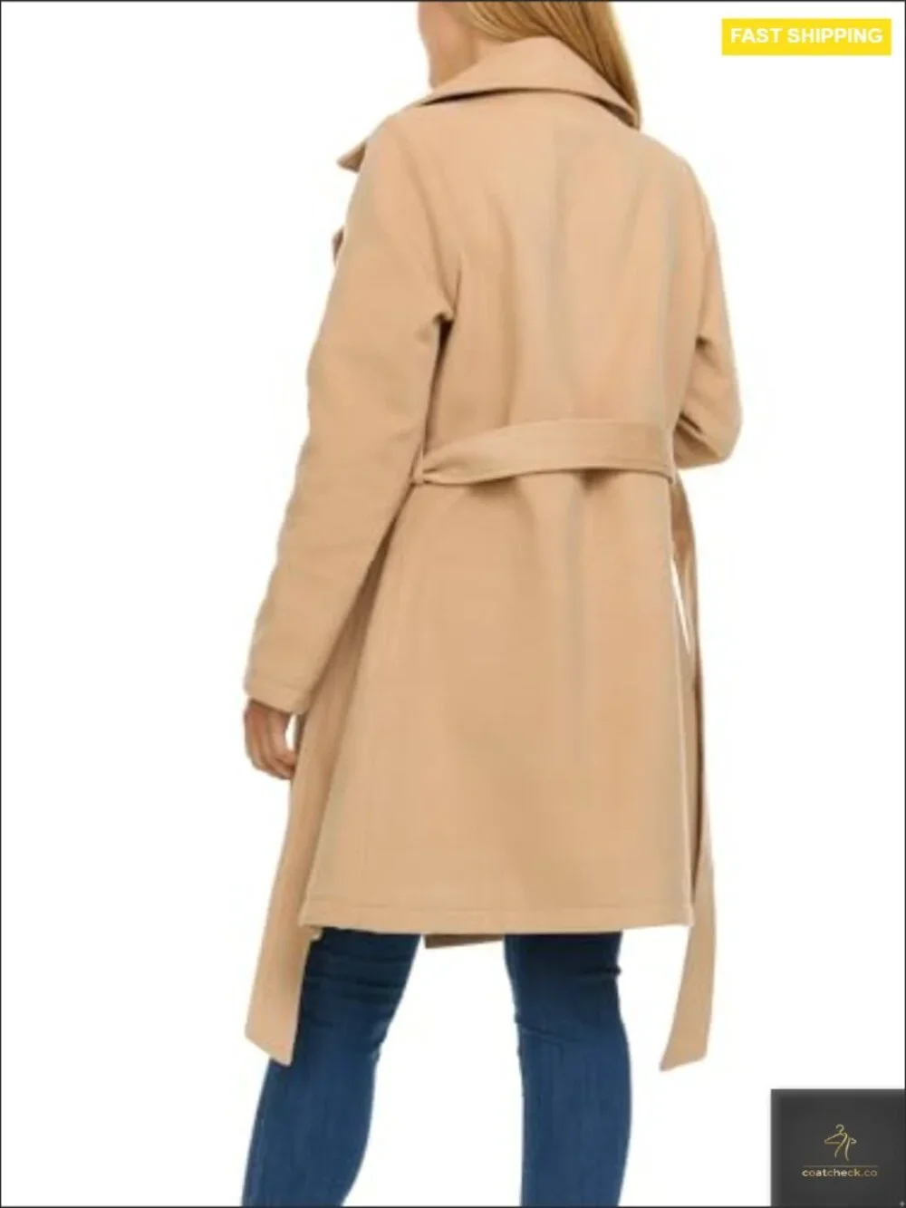 Double-Breasted Trench Coat Faux Wool Classic Elegant Winter Overcoat Fitted - Picture 5 of 7